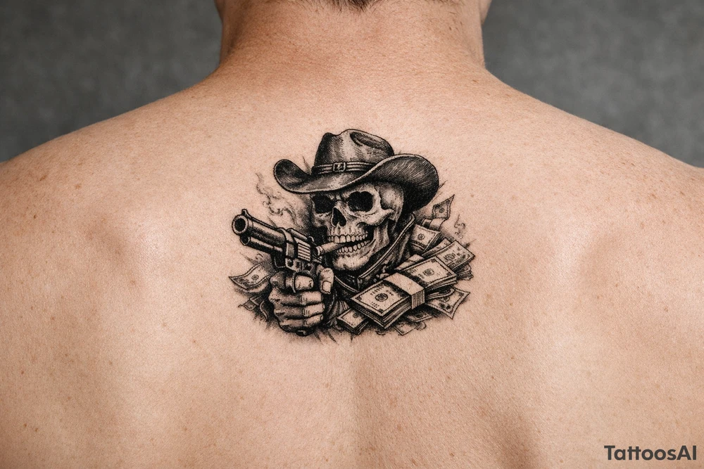 skull with cowboy-hat,cigar in his mouth and a gun in a hand surounded by money. tattoo idea