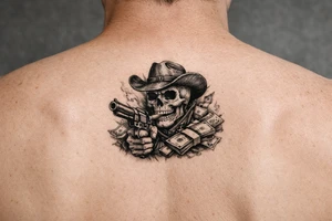 skull with cowboy-hat,cigar in his mouth and a gun in a hand surounded by money. tattoo idea