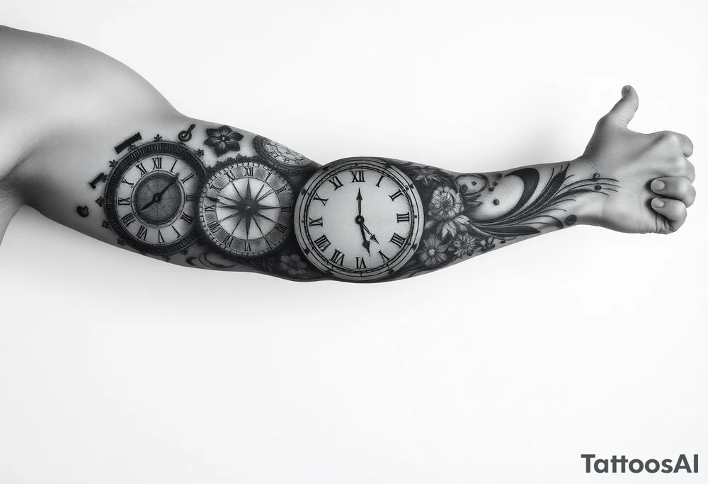 I want to create a sleeve for my left arm with elements if time and music and the dates 19.04.2019 and 28.01.2022 in Roman numerals tattoo idea