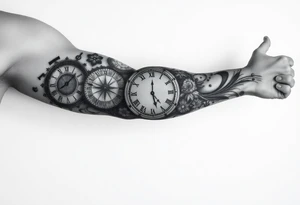 I want to create a sleeve for my left arm with elements if time and music and the dates 19.04.2019 and 28.01.2022 in Roman numerals tattoo idea