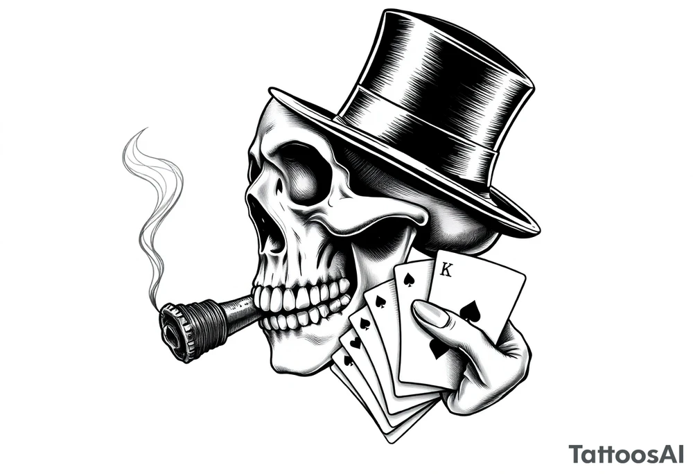 a skull with mustache, a big cigar in his mouth,top-hat on his head and playing cards in a hand. tattoo idea