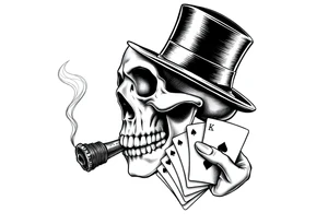 a skull with mustache, a big cigar in his mouth,top-hat on his head and playing cards in a hand. tattoo idea