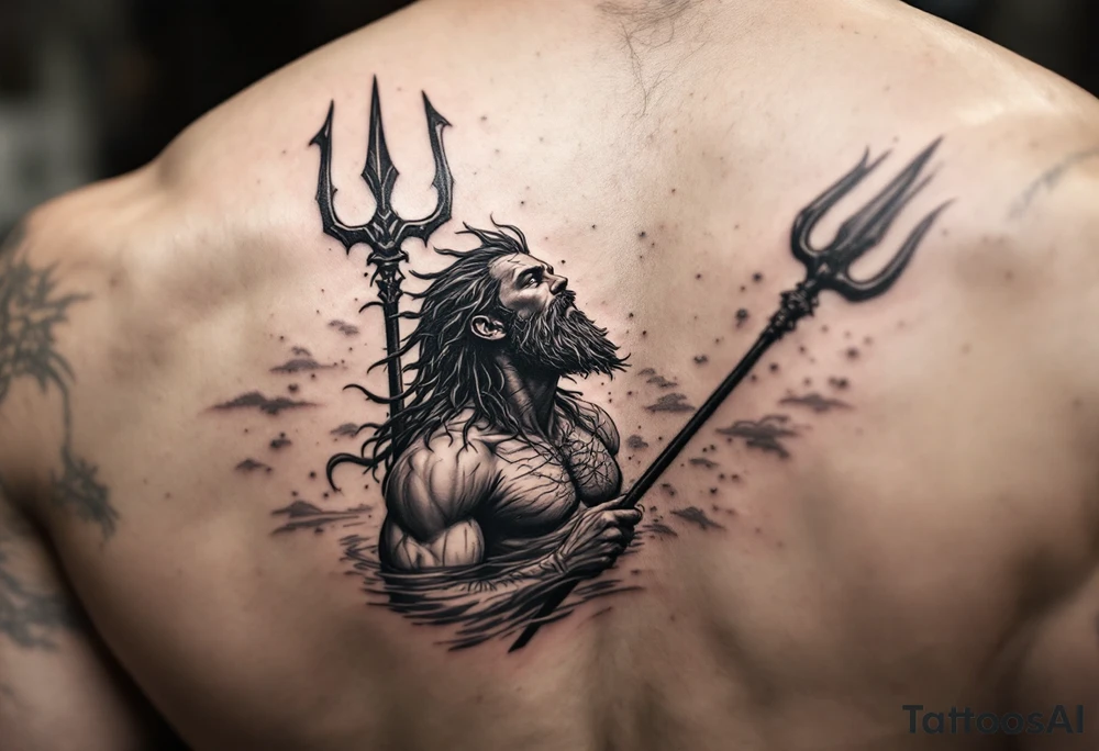 fit young poseidon, with trident, in calm water, looking at the sky tattoo idea