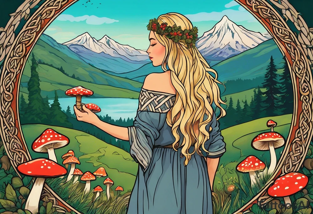 Whole picture encircled fully

Straight long blonde hair celestial girl in distance holding mushrooms in hand facing away toward mountains and creek surrounded by mushrooms long sleeve shirt and hiking pants; whole rendering within a full celtic circle border, no cut off circle

Family with father, mother, soon, 2 daughters foraging tattoo idea