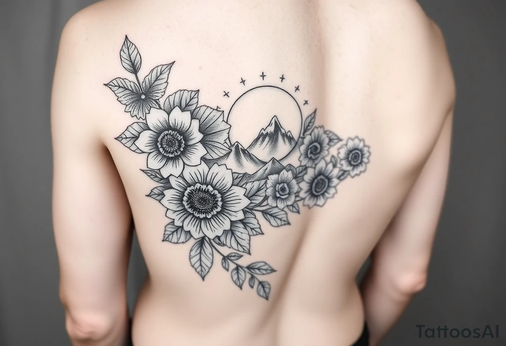 Forearm wrap around tattoo with roses and vine with sunflowers moon and stars mountains tattoo idea