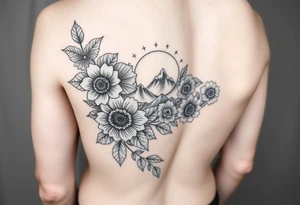 Forearm wrap around tattoo with roses and vine with sunflowers moon and stars mountains tattoo idea