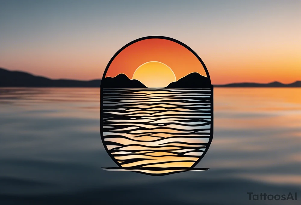 Sunset from the perspective of being on a boat on the ocean. The waves are very calm and there is no land in site. There are slight reflections of the sun on the water. The tattoo will be in landscape orientation on the forearm, rought 3 inches wide and 2 inches tall. The style is incredibly minimal and simple. Mostly black with small splashes of color from the sun. tattoo idea