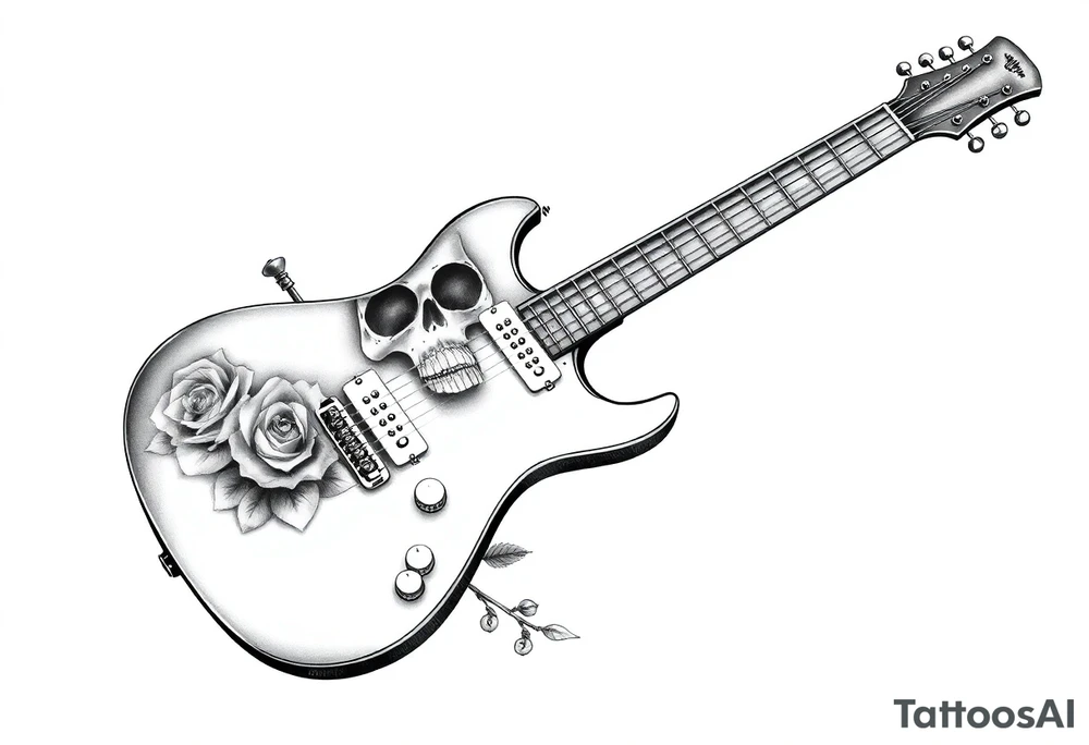 Electric guitar with skulls and roses printed on it tattoo idea