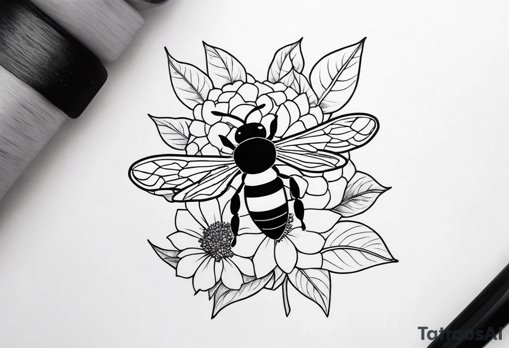 3 in by 2 in minimalist tattoo for forearm of a Hydrangea and bee not touching tattoo idea