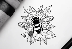 3 in by 2 in minimalist tattoo for forearm of a Hydrangea and bee not touching tattoo idea