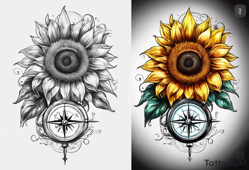 Sunflower next to a compass tattoo idea