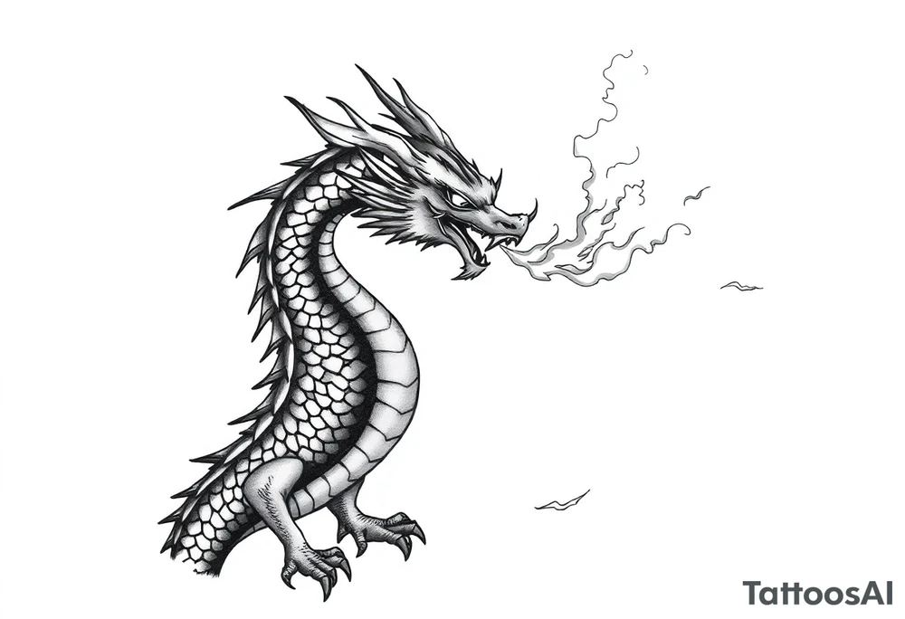 fierce dragon breathing iridescent fire against stormy skies tattoo idea