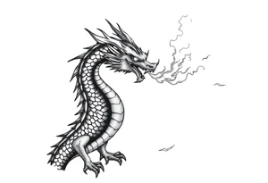 fierce dragon breathing iridescent fire against stormy skies tattoo idea
