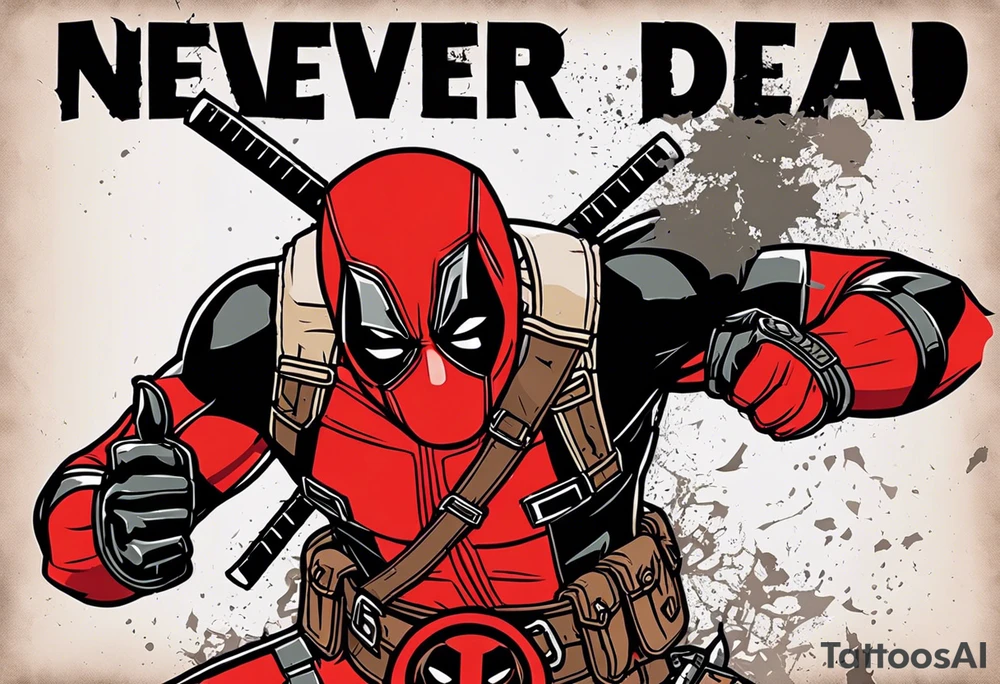 Banner with Text: A worn, dark banner wraps around Deadpool with the phrase "NEVER DEAD" in bold, cracked letters that give a strong and aggressive impression. The banner has small torn details, as if it’s been through rough conditions, with shading that adds depths. tattoo idea