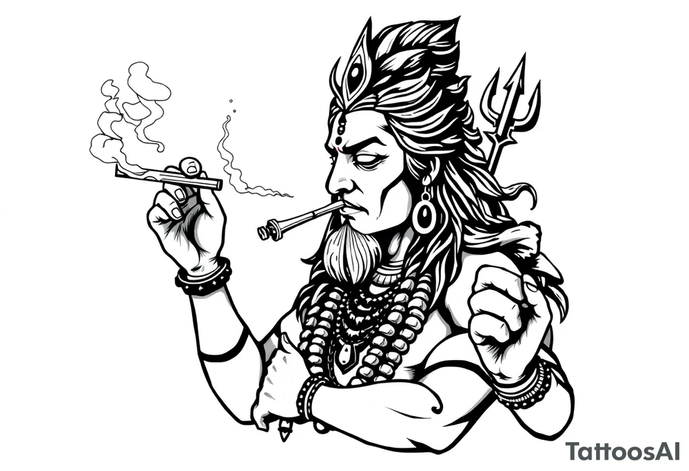 Shiva smoking a joint with one hand and spraying with another hand tattoo idea