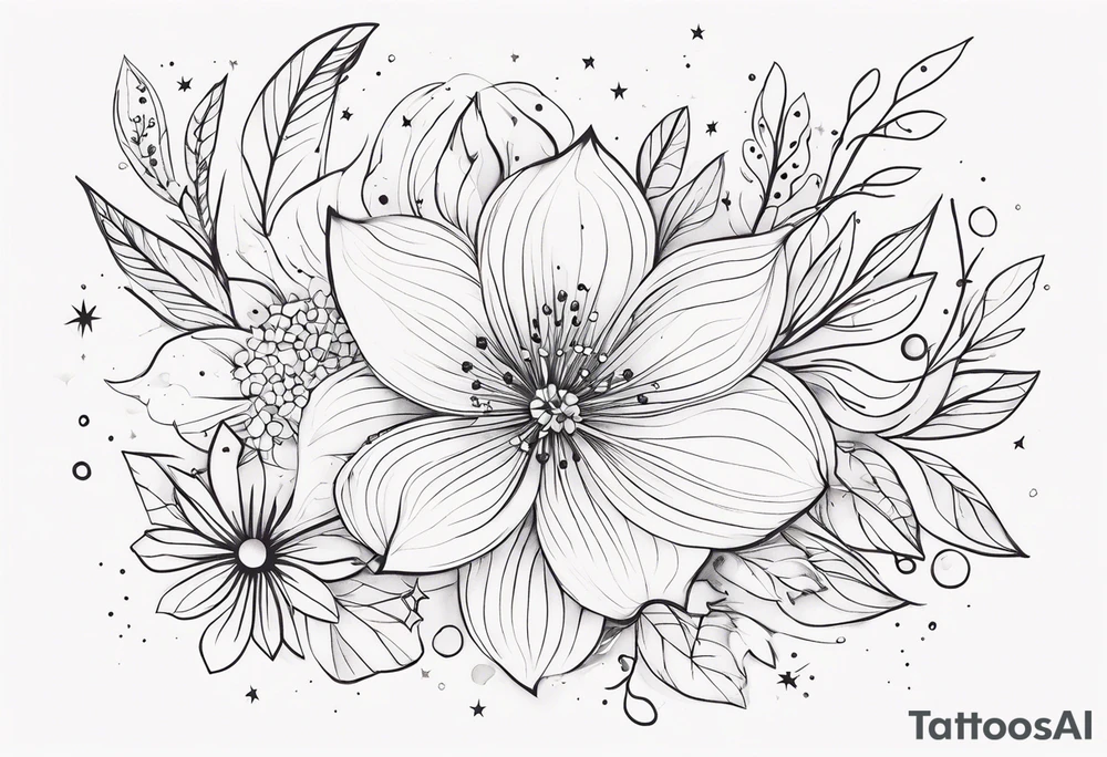 fine line floral with stars, swirls, dots tattoo idea