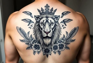 powerful majestic lion with a crown, surrounded by floral ornaments and birds tattoo idea