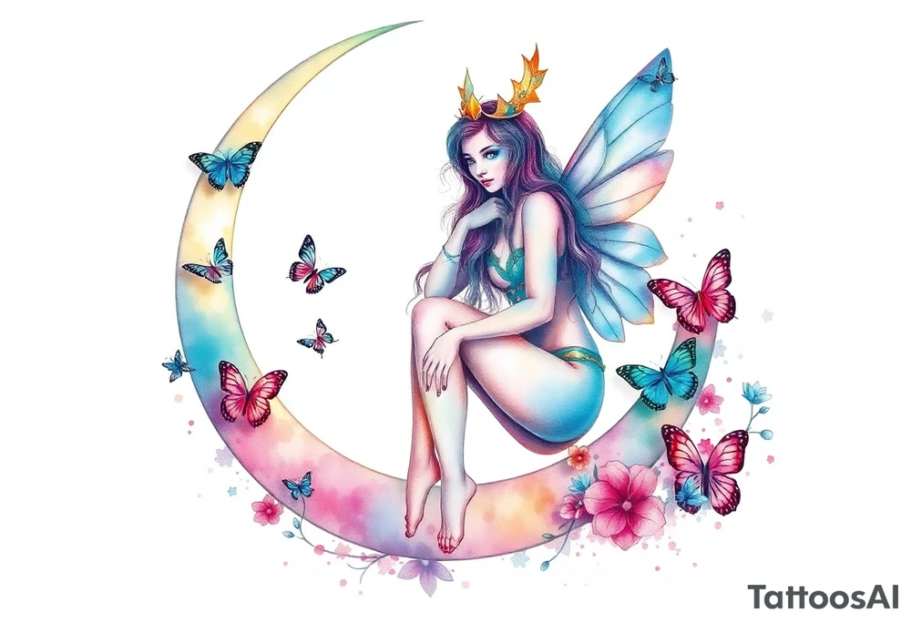 The fairy queen titania sitting on the crescent moon with butterflies tattoo idea