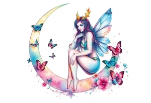 The fairy queen titania sitting on the crescent moon with butterflies tattoo idea