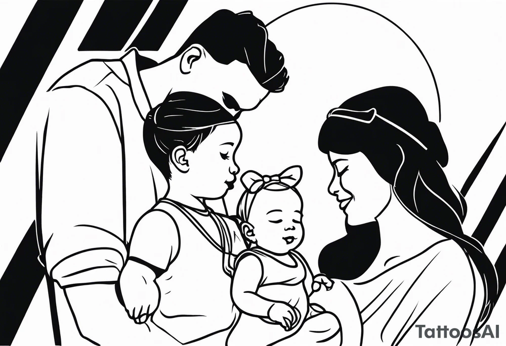 Black and white Line work tattoo with a dad and his two toddler daughter. tattoo idea