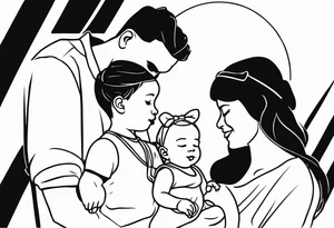 Black and white Line work tattoo with a dad and his two toddler daughter. tattoo idea