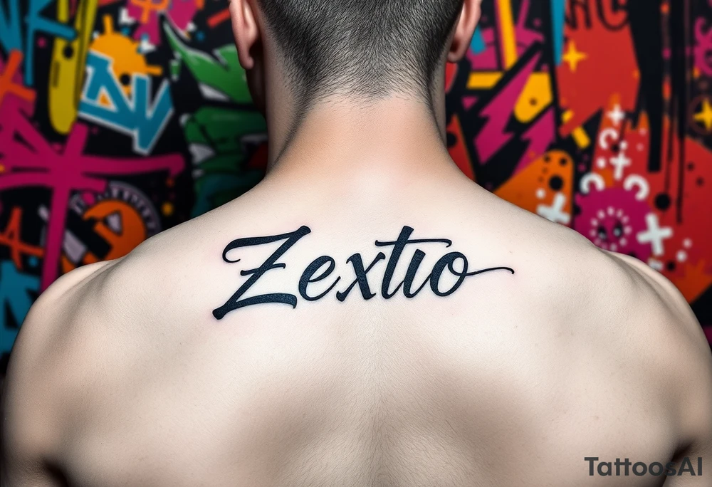 A bright colored graffiti style background with the name Zexto in script tattoo idea