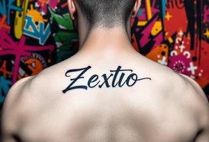 A bright colored graffiti style background with the name Zexto in script tattoo idea