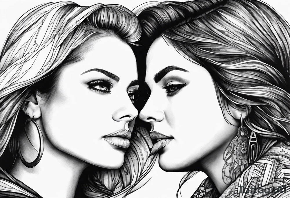 2 womans faces looking into each other eyes the womans face on the right side morphs into a city and the womans face on the left side morphs into mountains tattoo idea