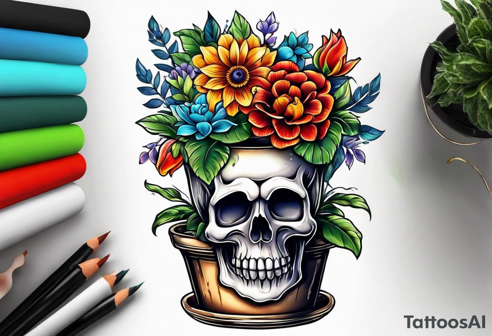 skull flower pot tattoo idea