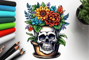 skull flower pot tattoo idea