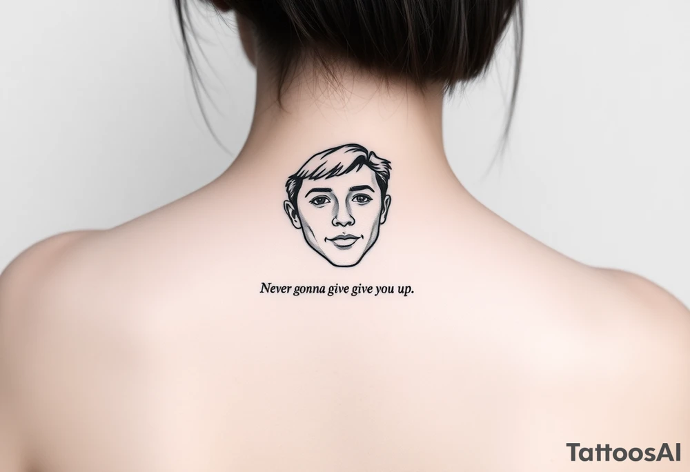 Young Rick Astley Face with Never Gonna Give You Up text tattoo idea