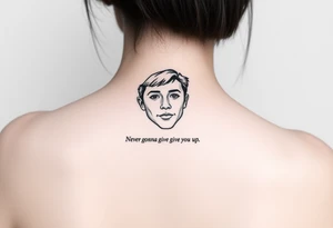 Young Rick Astley Face with Never Gonna Give You Up text tattoo idea
