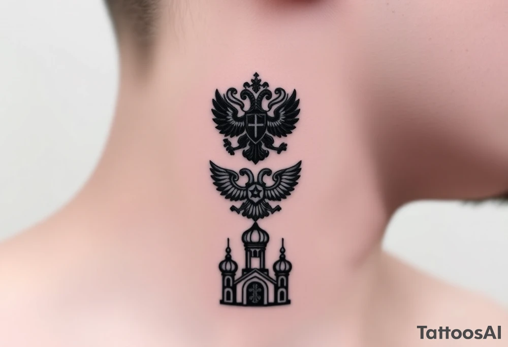 Stacked Vertical Column 

Russian star — small, bold
Middle: Miniature double-headed eagle — simplified, cleaner lines to suit the smaller space
Bottom: Orthodox church dome(s) with a small Virgin Mary silhouette beneath tattoo idea