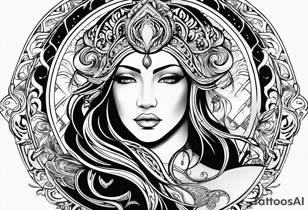 Aquarius goddess with water surrounding it in a tribal design tattoo idea