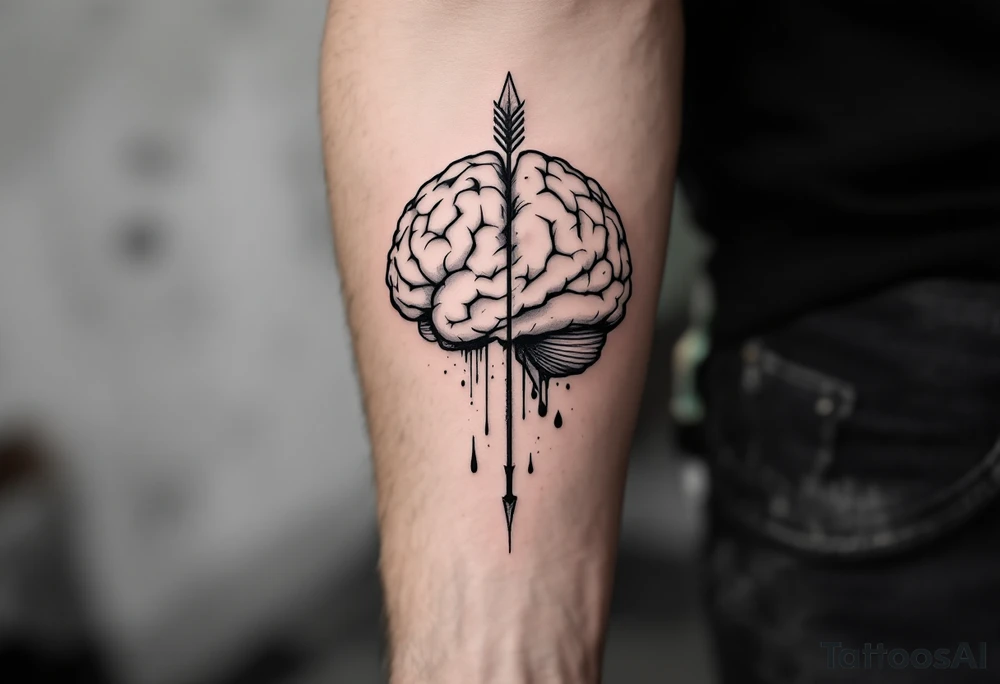 A clean, geometric, vertical, front-seen brain. A detailed arrow crosses from below and exit from the top, with its tip desintegrating to represent entropy and watercolor stains spilled from the arrow. tattoo idea