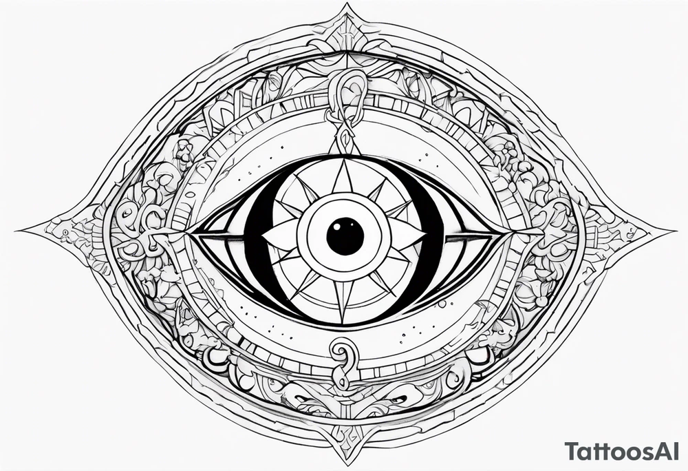 SUN(ITACHI EYE AS SUN) OVERLOOKING THE OCEAN WITH THE ORION CONSTELLATION IN THE SKY IN 9:16 tattoo idea