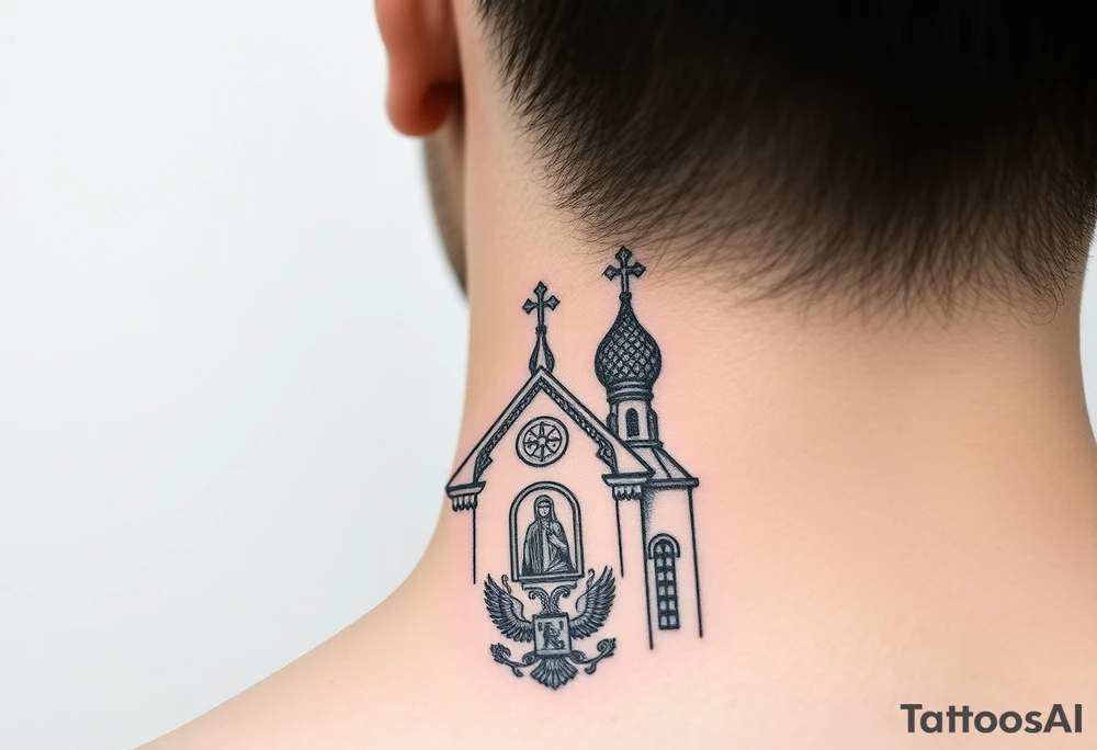 medium sized Russian orthodox church with bulb domes with a prominent russian orthodox coat of arms & virgin mary tattoo idea