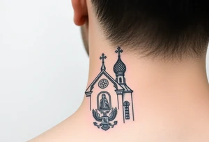 medium sized Russian orthodox church with bulb domes with a prominent russian orthodox coat of arms & virgin mary tattoo idea