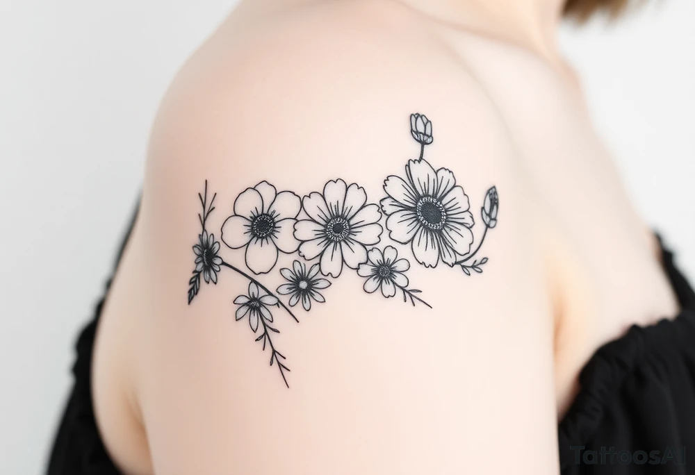 flower arrangment for arm, include two carnations, one violet, two daisies, one cosmos, and one peony tattoo idea