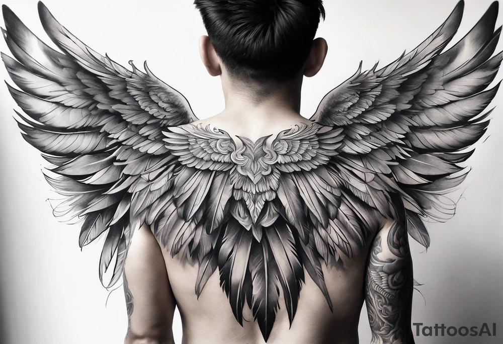 wings extending from a mens shoulders, covering the upper arms and upper back. The feathers are intricately detailed, with soft shading in black and gray to create depth and texture. The wings gently converge in the middle of the back, forming a harmonious and cohesive design. tattoo idea