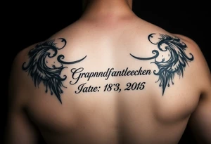 Small tattoo , on the shoulder traps , representing grandfather and date of death, could be in German or English tattoo idea