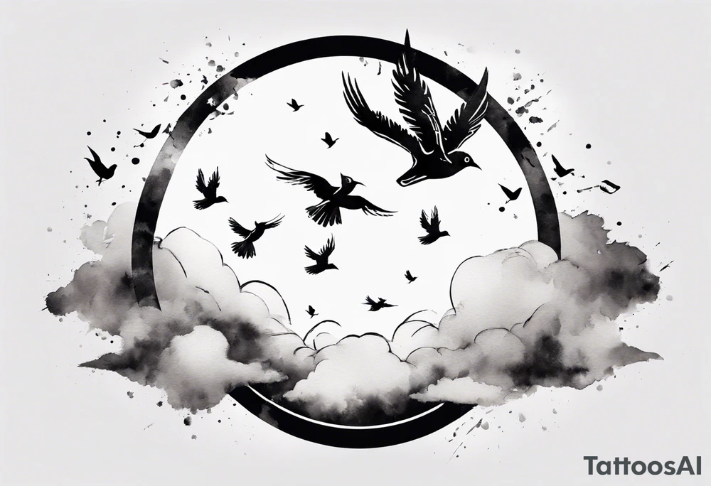 shoulder tattoo with light rays with birds flying free among the clouds, round shape, 3d effect tattoo idea shoulder tattoo with light rays with birds flying free among the clouds, round shape, 3d effect tattoo idea