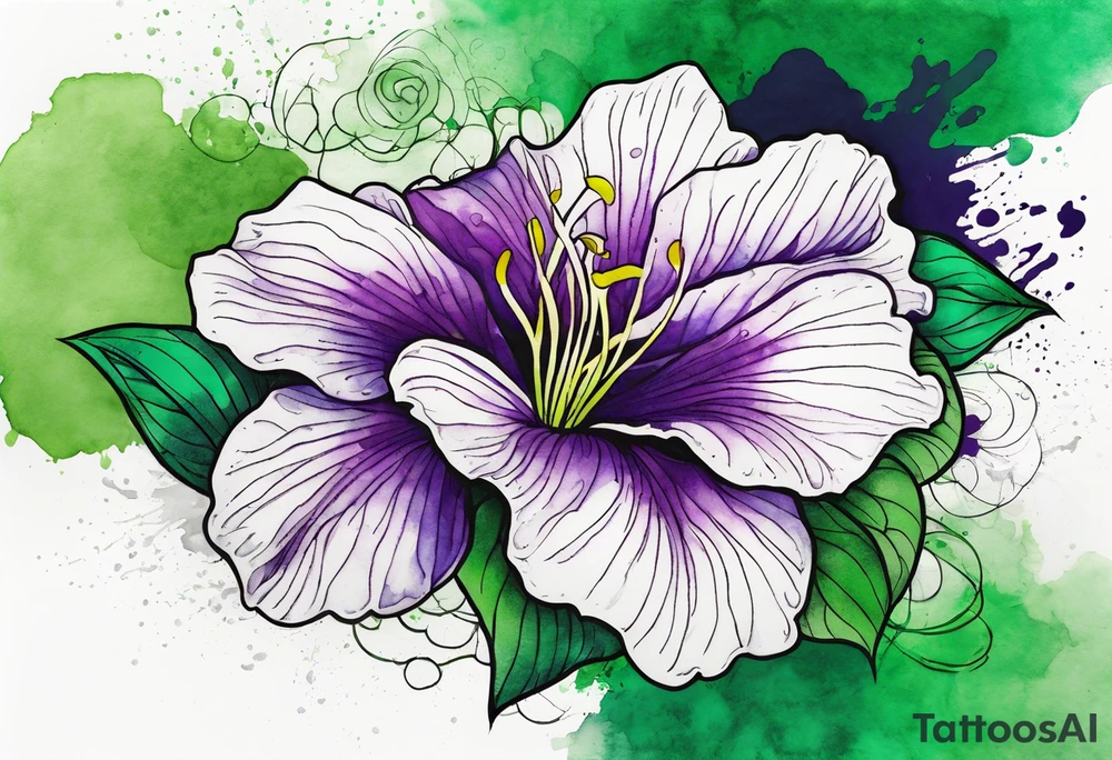 An outline of an only green rio dipladenia flower and a green and purple watercolor splash in the background tattoo idea