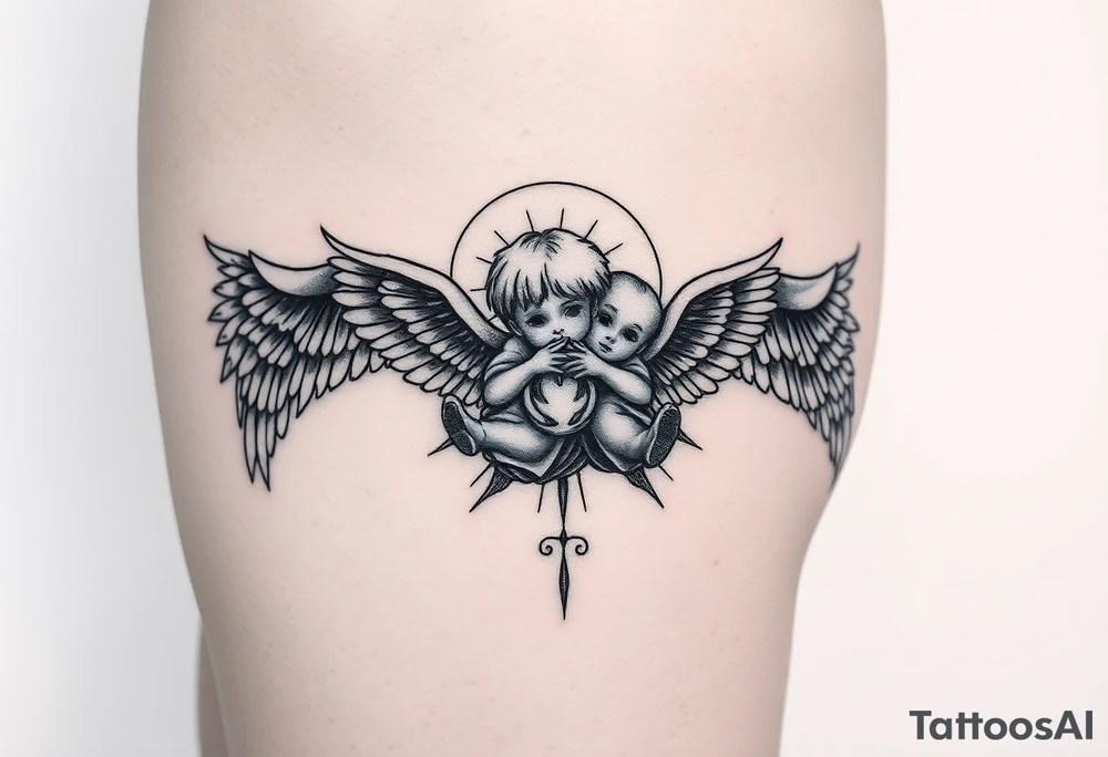 Tatoo down side to thigh, something with angels and kids tattoo idea