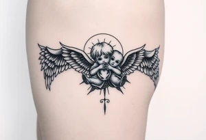 Tatoo down side to thigh, something with angels and kids tattoo idea