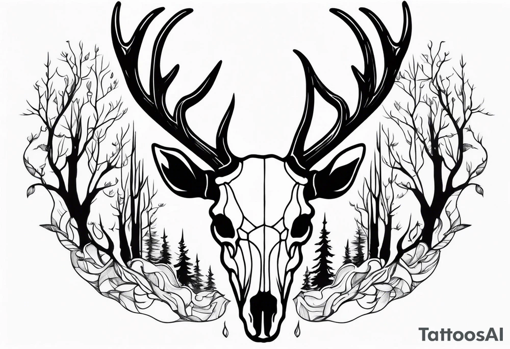 side profile of a deer skull JUST BONE surrounded by a flames and trees tattoo idea
