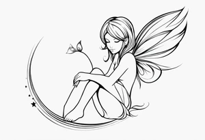 Minimalistic, monochromatic fairy with a tail flying to the left in a fetal position, leaning and looking in the same direction, with visible hands, embodying the 'Fairy Tail' logo aesthetic. tattoo idea