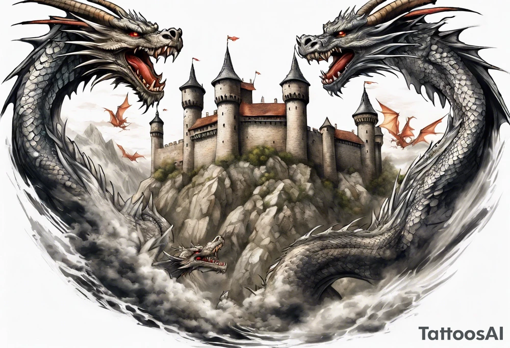 3 dragons flying around the highest part of the castle, defending it from a village with angry people, angry villagers around the castle, realistic tattoo idea
