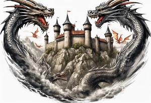 3 dragons flying around the highest part of the castle, defending it from a village with angry people, angry villagers around the castle, realistic tattoo idea