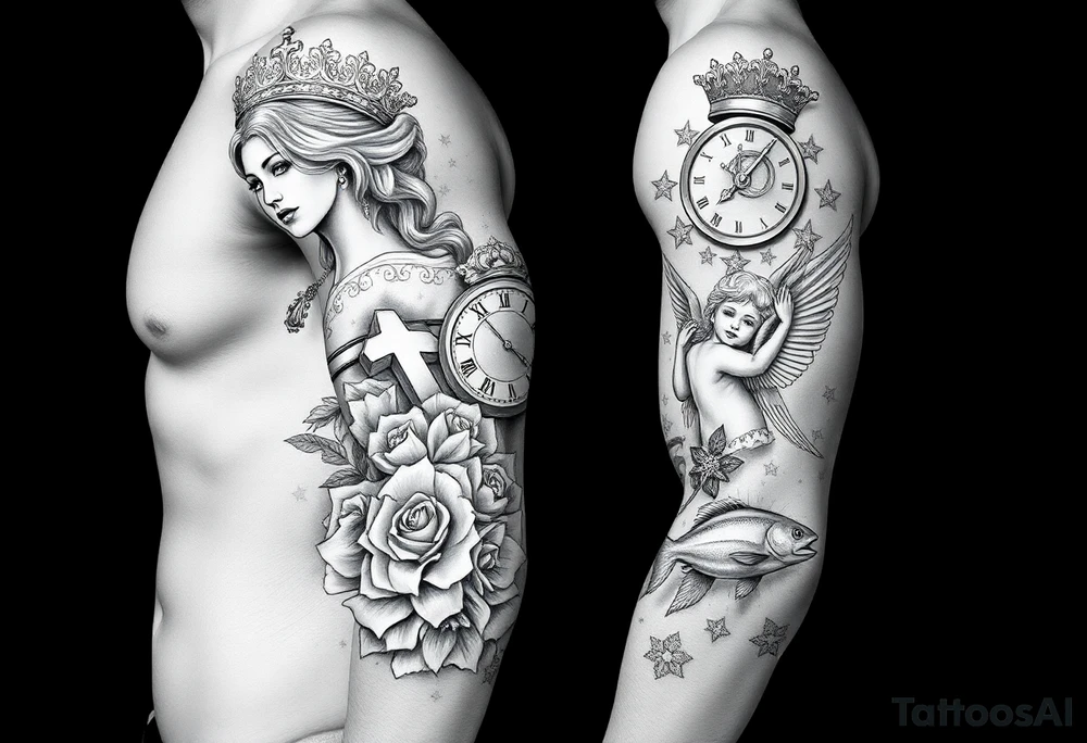 Roulette casino and princess and cross, baby angels, roses and clock and stars and fish, crown tattoo idea